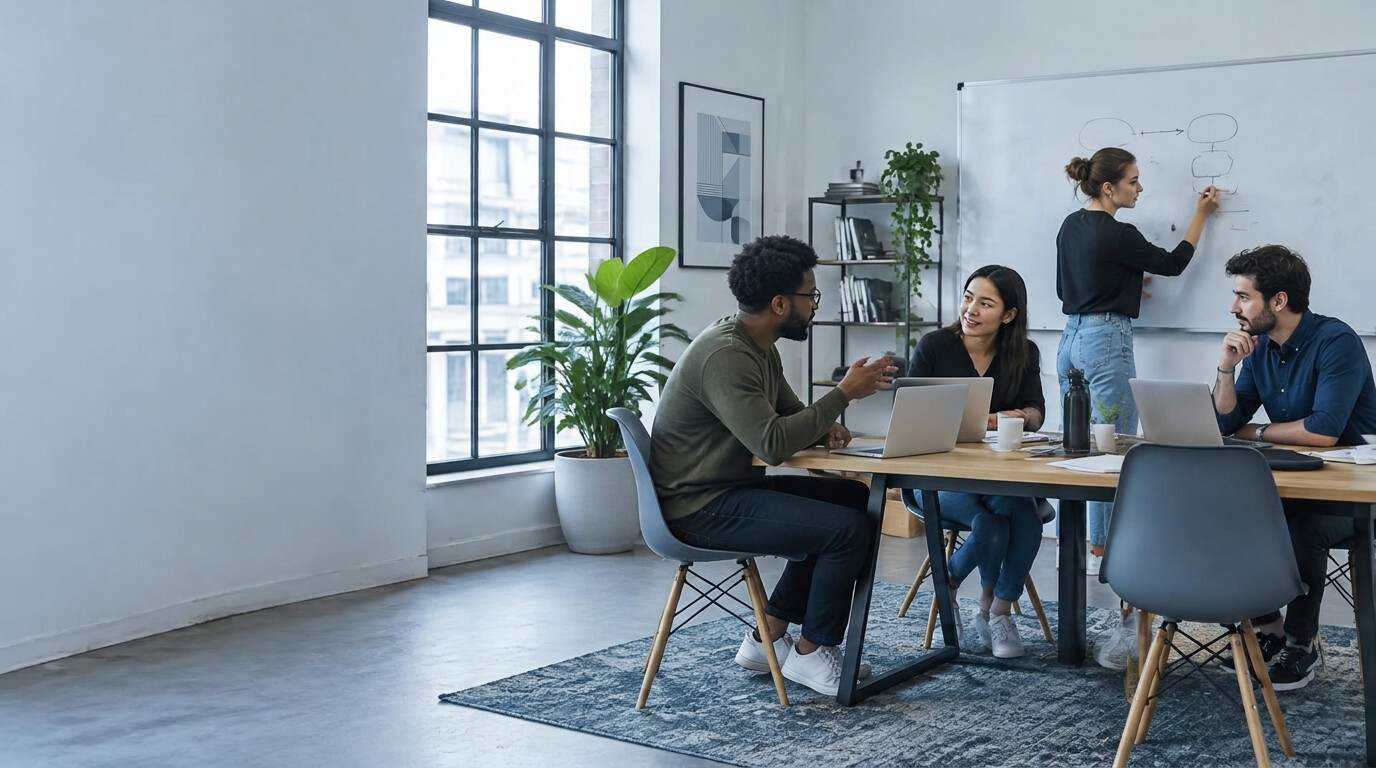 A small team working together at a table with laptops while a colleague sketches on a whiteboard