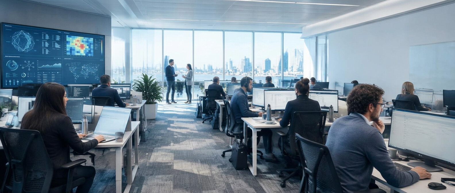 A bright open-plan operations office with people working at desks