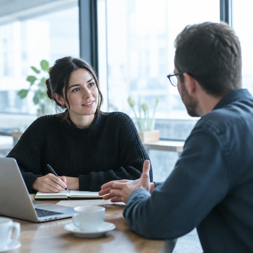 Two people in a customer interview across a table